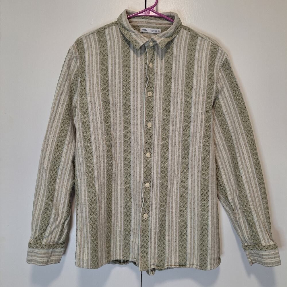 Zara Men Boho Striped Cotton Button Up Shirt